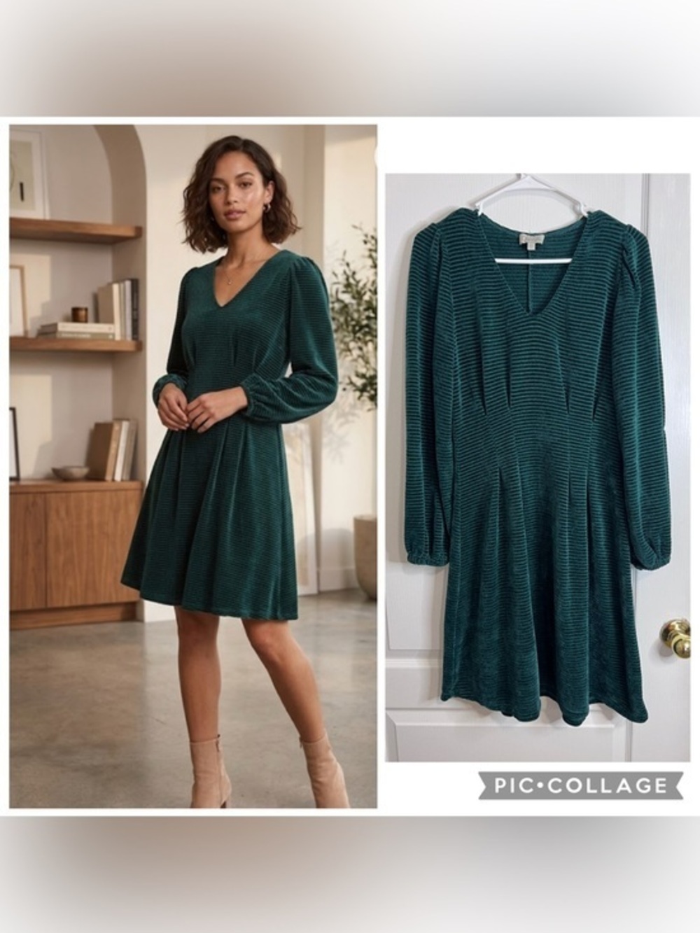 Chenault Teal V-Neck Long Sleeve A-Line Dress size L
